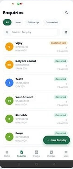 EEVA Motors Dealer App – Enquiries screen