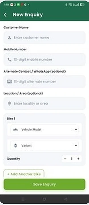 EEVA Motors Dealer App – New Enquiry screen