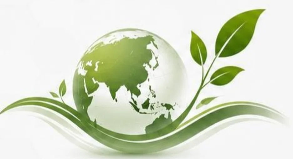 A green globe wrapped in fresh leaves, representing clean electric mobility